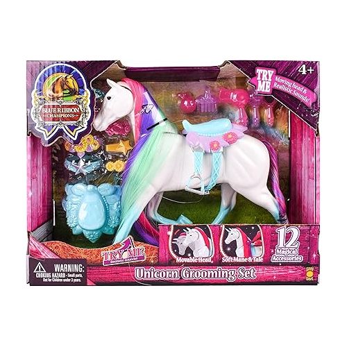  Sunny Days Entertainment Blue Ribbon Champions Fantasy Unicorn Grooming Set, Fantasy Toy Horse with Sounds and 12 Accessories, 4+