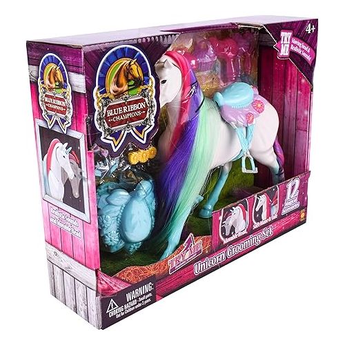  Sunny Days Entertainment Blue Ribbon Champions Fantasy Unicorn Grooming Set, Fantasy Toy Horse with Sounds and 12 Accessories, 4+