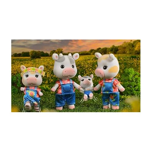  Sunny Days Entertainment Honey Bee Acres Cloverberrys Cow Family - 4 Miniature Flocked Dolls | Small Collectible Figures | Pretend Play Toys for Kids