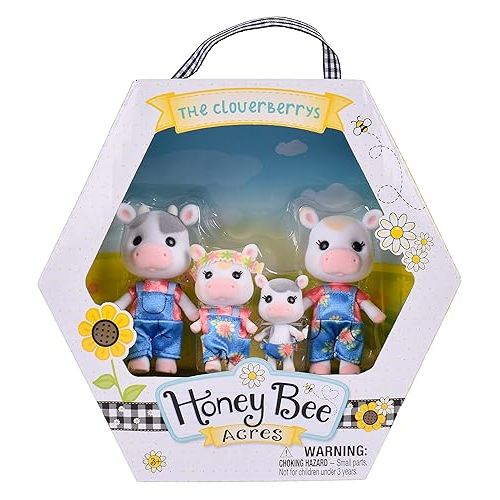  Sunny Days Entertainment Honey Bee Acres Cloverberrys Cow Family - 4 Miniature Flocked Dolls | Small Collectible Figures | Pretend Play Toys for Kids