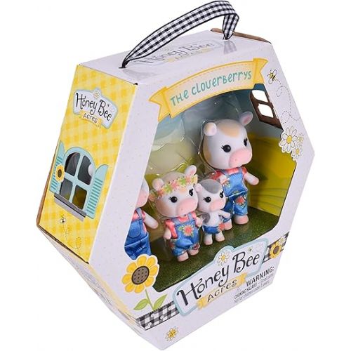  Sunny Days Entertainment Honey Bee Acres Cloverberrys Cow Family - 4 Miniature Flocked Dolls | Small Collectible Figures | Pretend Play Toys for Kids