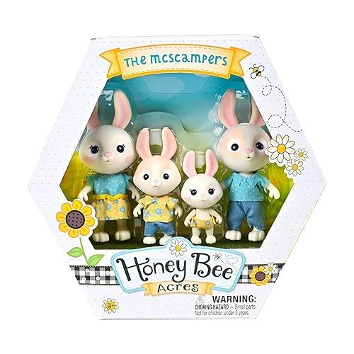  Honey Bee Acres The McScampers Rabbit Family, 4 Mini Flocked Doll Play Figures, Bunny Collectibles, Pretend Play Toys for Kids, Valentines, Easter Basket, Birthday Gift for Girls 3+