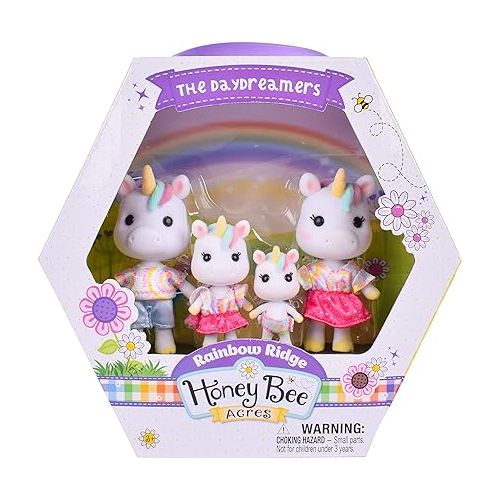  Sunny Days Entertainment Honey Bee Acres Rainbow Ridge Daydreamers Unicorn Family - 4 Miniature Flocked Dolls | Small Fantasy Collectible Figures | Pretend Play Toys for Kids