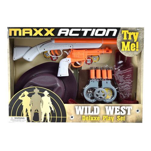  Sunny Days Entertainment Maxx Action Wild West Deluxe Role Play Set with Cowboy Hat, Toy Pistol, Toy Shotgun & Shells, Handcuff with Keys, Holster Belt & Western Vest