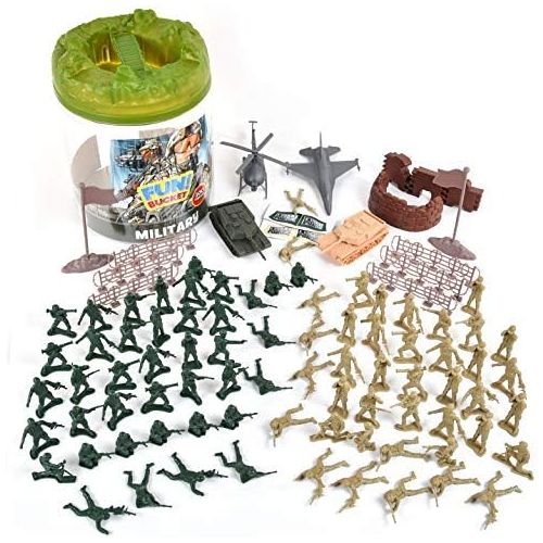  Sunny Days Entertainment Military Battle Group Bucket  100 Assorted Soldiers and Accessories Toy Play Set For Kids, Boys and Girls | Plastic Army Men Figures with Storage Container