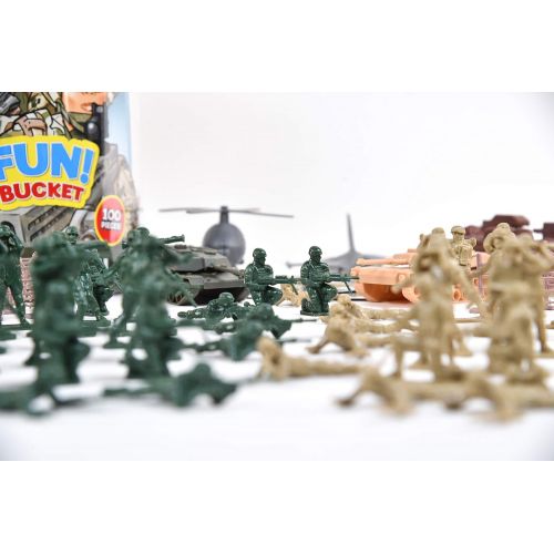  Sunny Days Entertainment Military Battle Group Bucket  100 Assorted Soldiers and Accessories Toy Play Set For Kids, Boys and Girls | Plastic Army Men Figures with Storage Container