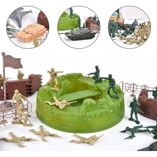  Sunny Days Entertainment Military Battle Group Bucket  100 Assorted Soldiers and Accessories Toy Play Set For Kids, Boys and Girls | Plastic Army Men Figures with Storage Container