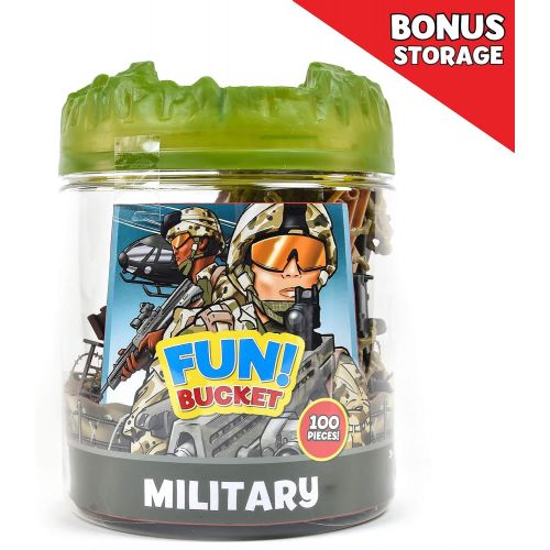  Sunny Days Entertainment Military Battle Group Bucket  100 Assorted Soldiers and Accessories Toy Play Set For Kids, Boys and Girls | Plastic Army Men Figures with Storage Container