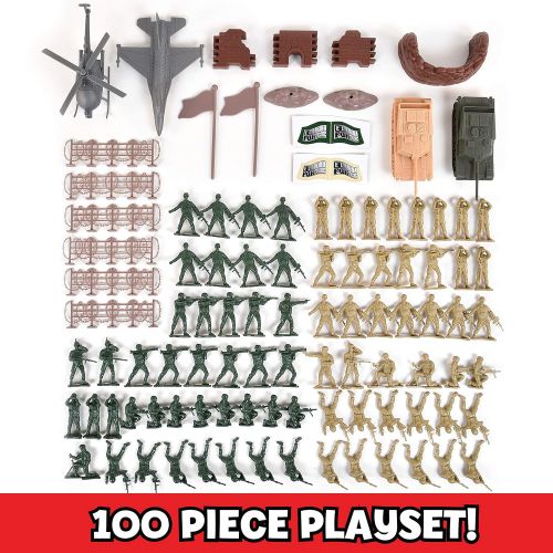  Sunny Days Entertainment Military Battle Group Bucket  100 Assorted Soldiers and Accessories Toy Play Set For Kids, Boys and Girls | Plastic Army Men Figures with Storage Container