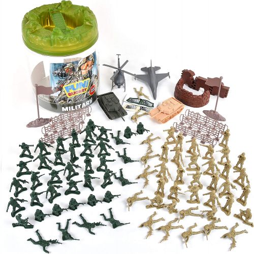  Sunny Days Entertainment Military Battle Group Bucket  100 Assorted Soldiers and Accessories Toy Play Set For Kids, Boys and Girls | Plastic Army Men Figures with Storage Container