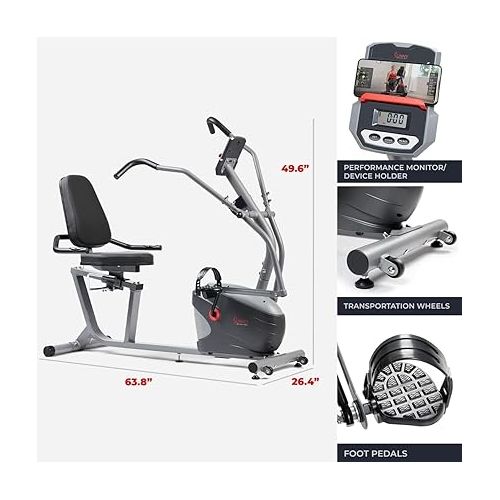  Sunny Health & Fitness Compact Performance Recumbent Bike with Dual Motion Arm Exercisers, Quick Adjust Seat & Optional Exclusive SunnyFit App Enhanced Bluetooth Connectivity