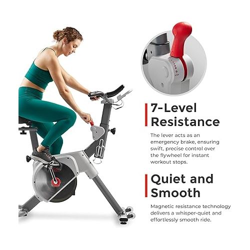  Sunny Health & Fitness Indoor Stationary Cycling Exercise Bike for Home Cardio Workout, 4-Way Adjustable & Cushioned Seat, Optional Magnetic Resistance & Exclusive SunnyFit App Enhanced Bluetooth Link