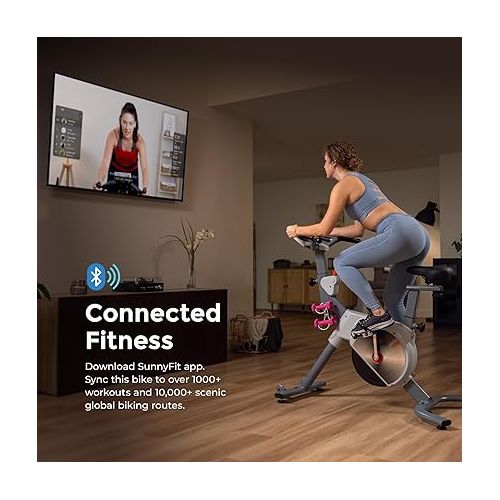  Sunny Health & Fitness Indoor Stationary Cycling Exercise Bike for Home Cardio Workout, 4-Way Adjustable & Cushioned Seat, Optional Magnetic Resistance & Exclusive SunnyFit App Enhanced Bluetooth Link