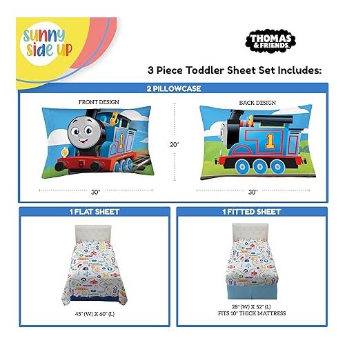  Sunny Side Up Mattel Thomas & Friends Toddler Sheet Set - 3 Piece Toddler Bedding Set includes Pillow Cover - Super Soft Trains Microfiber Sheets