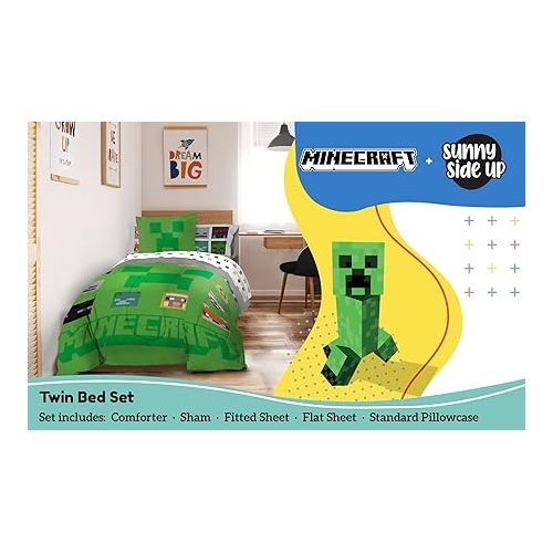  Sunny Side Up Minecraft Twin Comforter Set - 5 Piece Kids Bedding Includes Comforter, Sheets & Pillow Cover - Super Soft Gamer Microfiber Bed Set