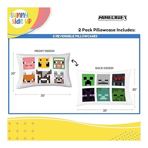  Sunny Side Up Minecraft Mobs & Animals 2 Pack Reversible Pillowcases - Double Sided Pillow Covers, Kids Super Soft Creeper Bedding