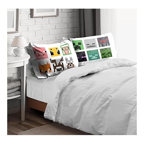  Sunny Side Up Minecraft Mobs & Animals 2 Pack Reversible Pillowcases - Double Sided Pillow Covers, Kids Super Soft Creeper Bedding