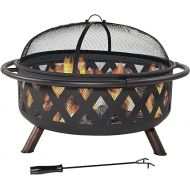 Sunnydaze Black Crossweave Steel Wood-Burning Outdoor Fire Pit - Includes Spark Screen, Poker and Cover - 36-Inch Round