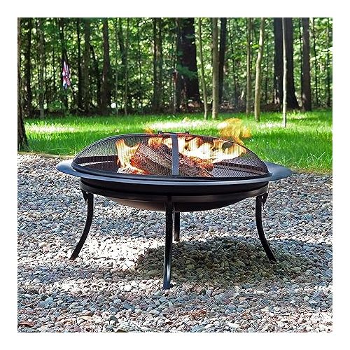 Sunnydaze 29-Inch Portable Fire Pit Bowl with Spark Screen, Fireplace Poker, Folding Stand, and Carrying Case Cover