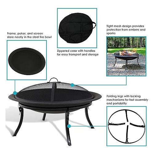  Sunnydaze 29-Inch Portable Fire Pit Bowl with Spark Screen, Fireplace Poker, Folding Stand, and Carrying Case Cover