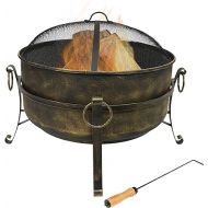 Sunnydaze 24-Inch Cauldron Style Outdoor Fire Pit Bowl with Spark Screen, Log Poker, and Wood Grate - Dark Bronze Finish