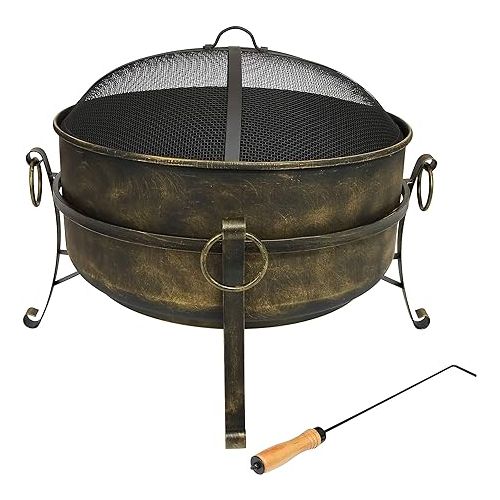  Sunnydaze 24-Inch Cauldron Style Outdoor Fire Pit Bowl with Spark Screen, Log Poker, and Wood Grate - Dark Bronze Finish