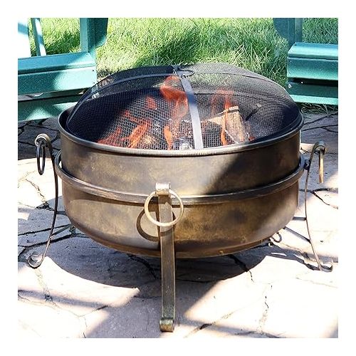  Sunnydaze 24-Inch Cauldron Style Outdoor Fire Pit Bowl with Spark Screen, Log Poker, and Wood Grate - Dark Bronze Finish