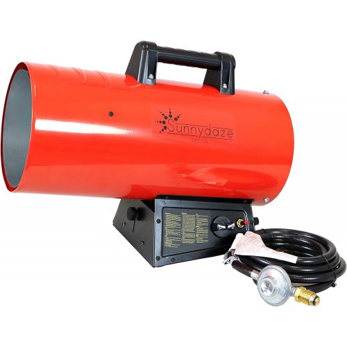  Sunnydaze 125,000 BTU Forced Air Propane Heater - Portable Heat for Construction Sites - Auto-Shutoff for Overheating Protection - Adjustable Heating Output - Piezo Ignition - Red