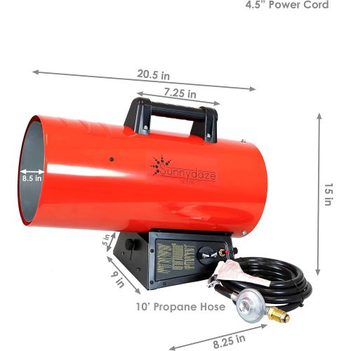  Sunnydaze 125,000 BTU Forced Air Propane Heater - Portable Heat for Construction Sites - Auto-Shutoff for Overheating Protection - Adjustable Heating Output - Piezo Ignition - Red