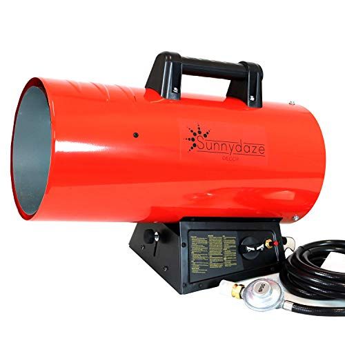  Sunnydaze 85,000 BTU Forced Air Propane Heater - Portable Heat for Construction Sites - Auto-Shutoff for Overheating Protection - Adjustable Heating Output - Piezo Ignition - Red a