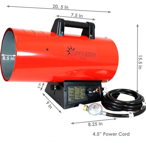  Sunnydaze 85,000 BTU Forced Air Propane Heater - Portable Heat for Construction Sites - Auto-Shutoff for Overheating Protection - Adjustable Heating Output - Piezo Ignition - Red a