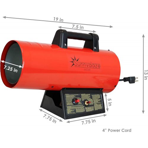  Sunnydaze 40,000 BTU Forced Air Propane Heater - Portable Heat for Construction Sites - Auto-Shutoff for Overheating Protection - Adjustable Heating Output - Piezo Ignition - Red a