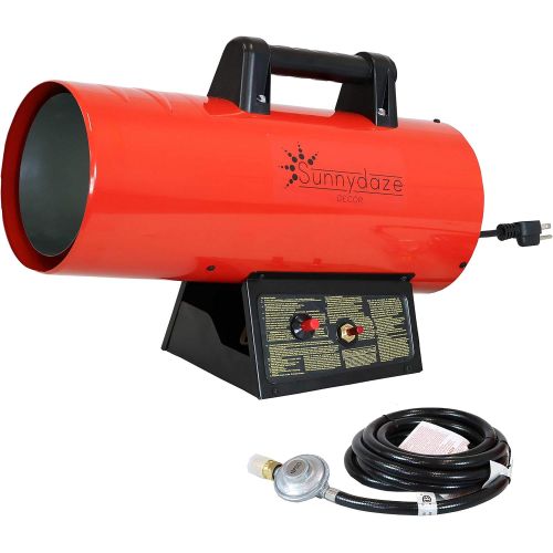  Sunnydaze 40,000 BTU Forced Air Propane Heater - Portable Heat for Construction Sites - Auto-Shutoff for Overheating Protection - Adjustable Heating Output - Piezo Ignition - Red a