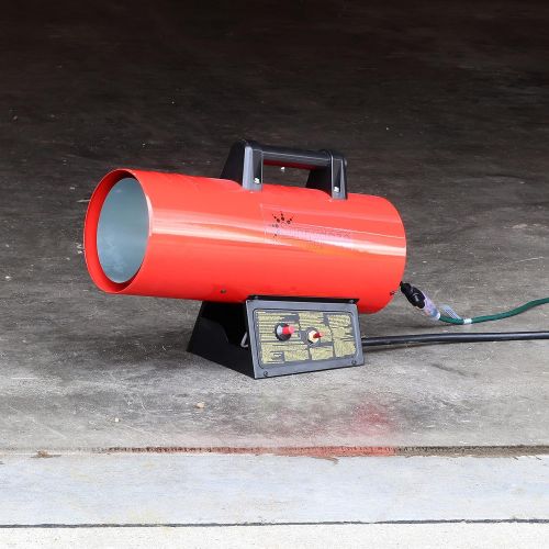  Sunnydaze 40,000 BTU Forced Air Propane Heater - Portable Heat for Construction Sites - Auto-Shutoff for Overheating Protection - Adjustable Heating Output - Piezo Ignition - Red a