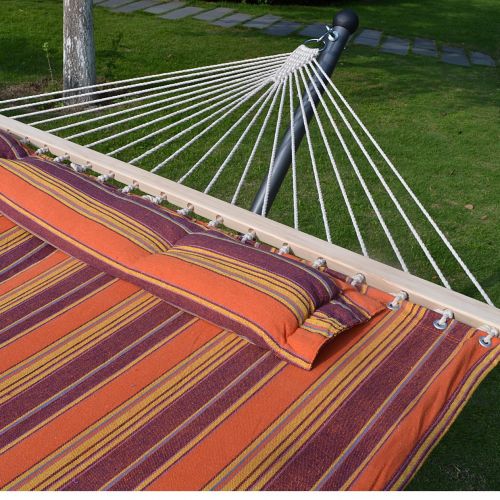  Sunnydaze Strong Camel STRIPE-ORANGE-PURPLE Hammock Double Size Quilted Fabric Heavy Duty Sleep Bed W/Pillow + wooden stick