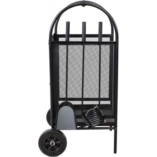  Sunnydaze Firewood Log Cart with Wheels and Fireplace Tool Set - Indoor/Outdoor Wrought Iron Firewood Rack and Poker, Shovel and Brush Tools with Steel Handles