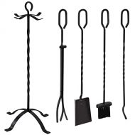Sunnydaze 5-Piece Wrought Iron Fireplace Tool Set with Stand - Heavy-Duty Black Poker, Shovel, Log Grabber and Broom with Base Indoor Hearth Accessories