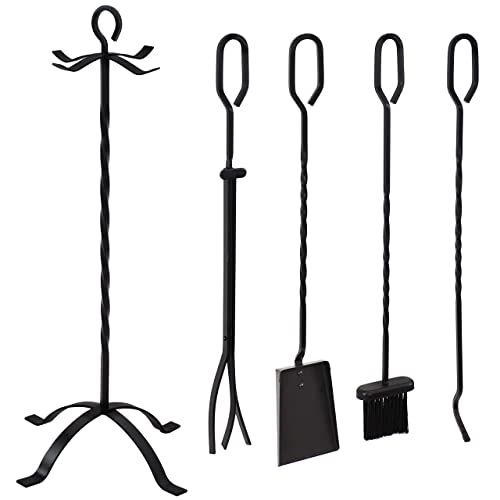  Sunnydaze 5-Piece Wrought Iron Fireplace Tool Set with Stand - Heavy-Duty Black Poker, Shovel, Log Grabber and Broom with Base Indoor Hearth Accessories