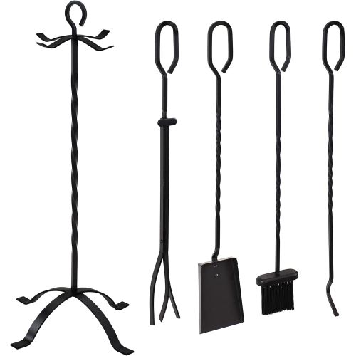  Sunnydaze 5-Piece Wrought Iron Fireplace Tool Set with Stand - Heavy-Duty Black Poker, Shovel, Log Grabber and Broom with Base Indoor Hearth Accessories