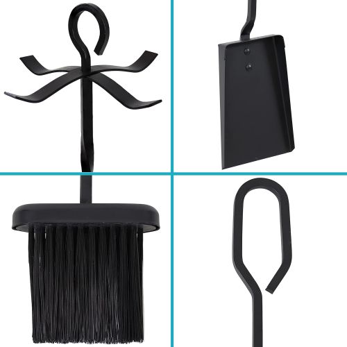  Sunnydaze 5-Piece Wrought Iron Fireplace Tool Set with Stand - Heavy-Duty Black Poker, Shovel, Log Grabber and Broom with Base Indoor Hearth Accessories