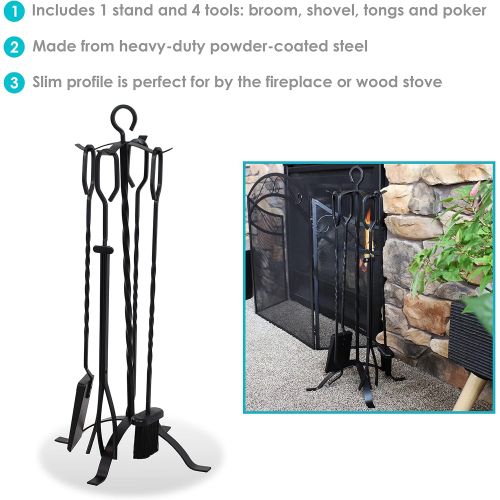  Sunnydaze 5-Piece Wrought Iron Fireplace Tool Set with Stand - Heavy-Duty Black Poker, Shovel, Log Grabber and Broom with Base Indoor Hearth Accessories