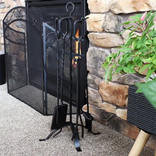  Sunnydaze 5-Piece Wrought Iron Fireplace Tool Set with Stand - Heavy-Duty Black Poker, Shovel, Log Grabber and Broom with Base Indoor Hearth Accessories