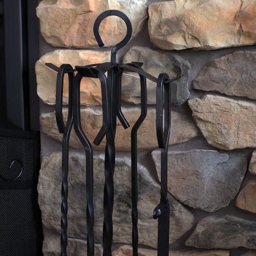  Sunnydaze 5-Piece Wrought Iron Fireplace Tool Set with Stand - Heavy-Duty Black Poker, Shovel, Log Grabber and Broom with Base Indoor Hearth Accessories