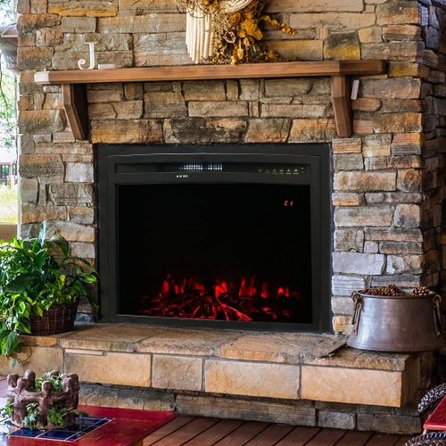  Sunnydaze Contemporary Comfort 28-Inch Indoor Electric Fireplace Insert - Modern Horizontal Recessed Electronic Fireplace - 9 Color Options for Flames/Logbed - Black Finish