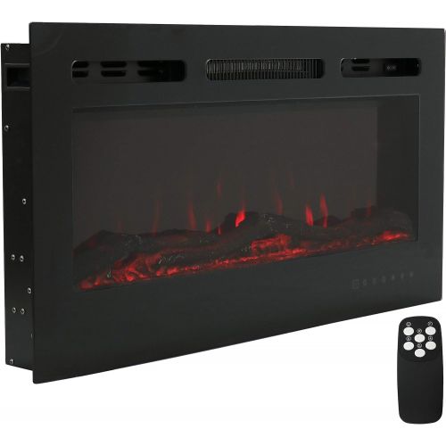  Sunnydaze Modern Flame 36-Inch Mounted Indoor Electric Fireplace - Horizontal LED Electronic Fireplace - Wall-Mounted or Recessed Installation - 9 Color Options for Flames - Black