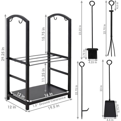  Sunnydaze Firewood Log Rack with 4-Piece Fireplace Tool Set - Indoor/Outdoor Wrought Iron Fireplace Rack and Poker, Shovel, Tongs, and Brush Tools with Round Handles