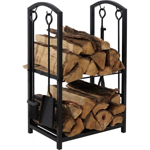  Sunnydaze Firewood Log Rack with 4-Piece Fireplace Tool Set - Indoor/Outdoor Wrought Iron Fireplace Rack and Poker, Shovel, Tongs, and Brush Tools with Round Handles