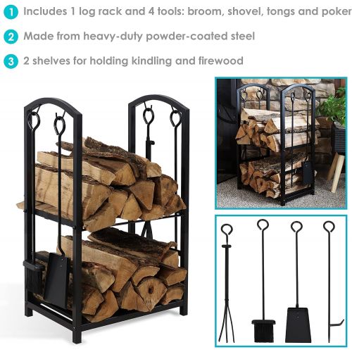  Sunnydaze Firewood Log Rack with 4-Piece Fireplace Tool Set - Indoor/Outdoor Wrought Iron Fireplace Rack and Poker, Shovel, Tongs, and Brush Tools with Round Handles