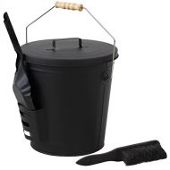 Sunnydaze Fireplace Ash Bucket with Lid and Shovel and Brush 5 Gallon Powder Coated Wrought Iron Design Indoor Fireplace or Wood Stove Ash Pail
