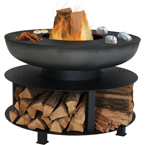  Sunnydaze Decor Sunnydaze Large Outdoor Fire Pit with Cooking Ledge and Built-in Log Storage, Wood Burning Fireplace, Black, 40 Inch